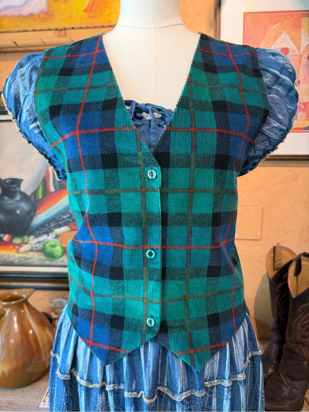 MARCIA Vintage Corduroy Plaid Vest Teal Blue M